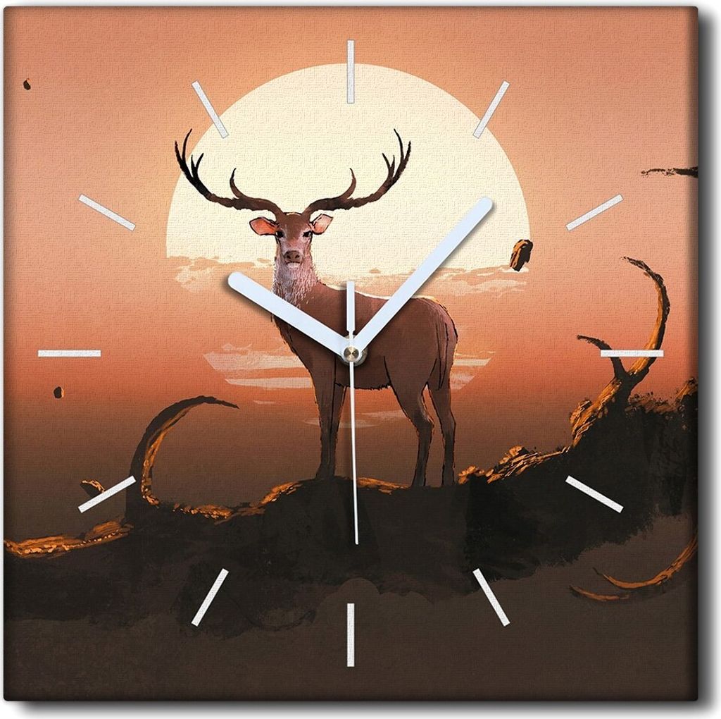 Coloray Uhr auf Leinwand 30x30 cm Wand Uhr Dekoration Wohnzimmer Segeltuch weiße Zeiger -Rehe Zweig. Tier