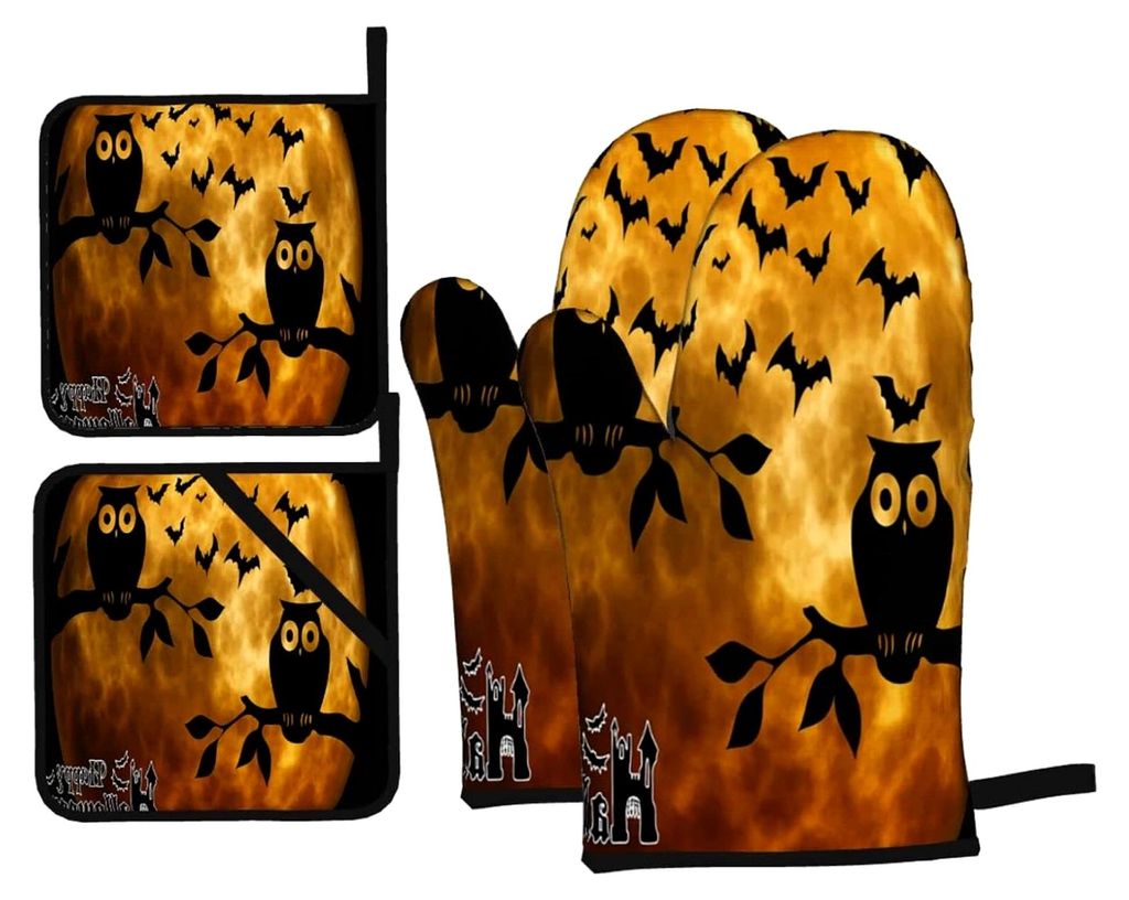Ofenhandschuhe und Topflappen-Set, Vollmond-Eulen-Muster, 4 Stück, für Backen und Grillen