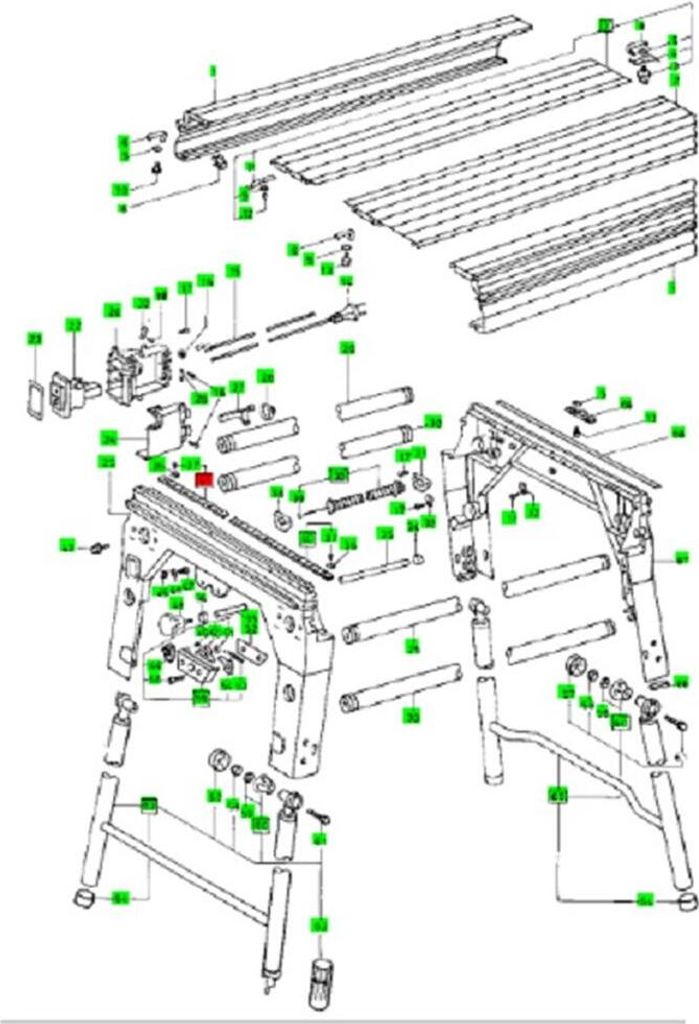 An exploded diagram of a machine's parts, with numbered components.