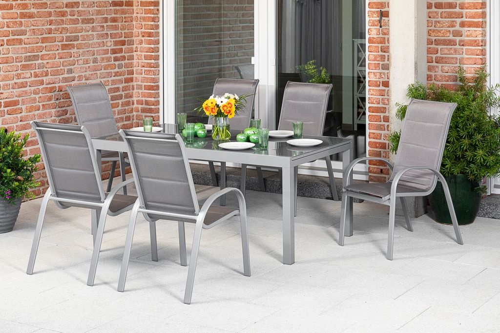 Merxx Gartenmöbelset "Amalfi di Lusso" 7tlg. mit Semi Ausziehtisch 200/300 x 100 cm - Aluminiumgestell Silber mit Textilbespannung Diamantbraun