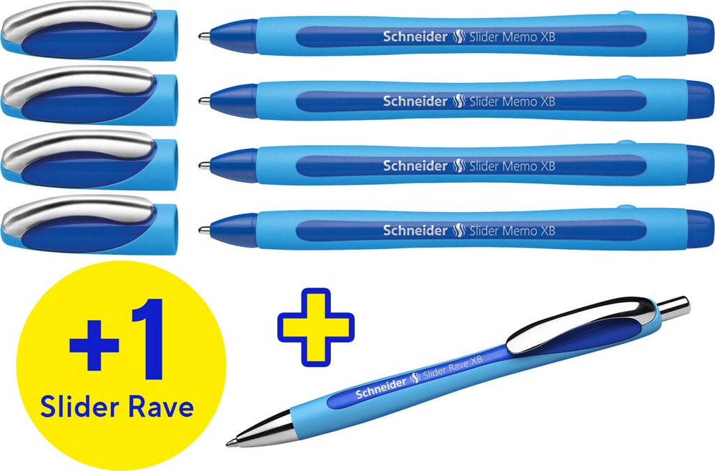 Schneider 150275 Slider Memo XB und Slider Rave XB Kugelschreiber (mit Etui, Schreibfarbe: blau) 4+1 Stück