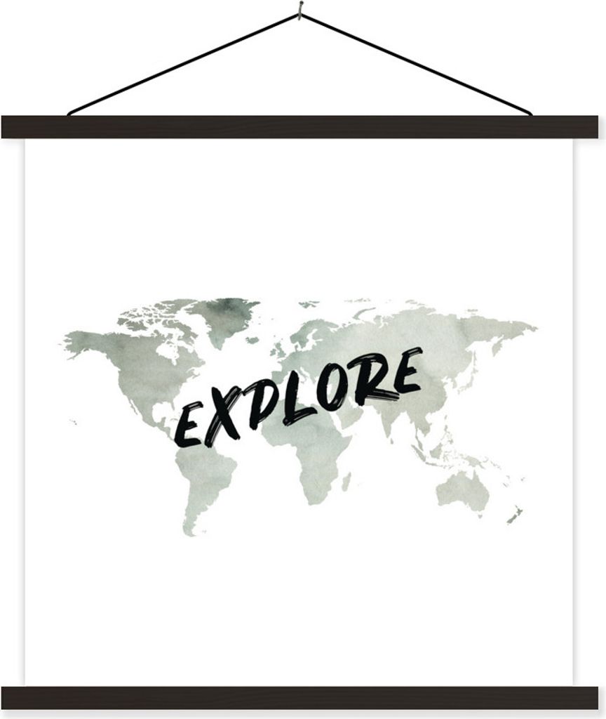 MuchoWow Textilposter Weltkarte - Zitat - Aquarell 60x60 cm mit schwarzem Rahmen - Posteraufhänger