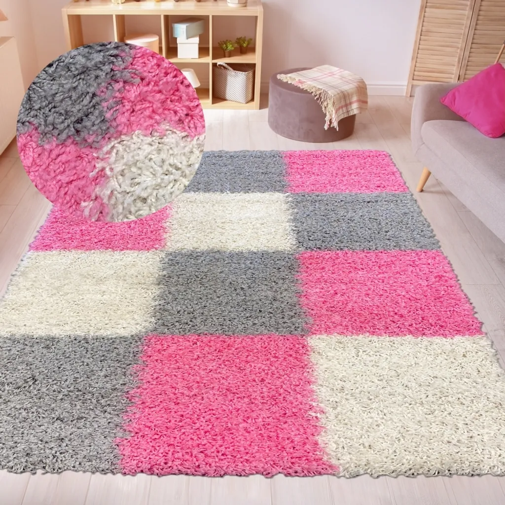 Tapis Shaggy à carreaux roses et gris crème, salon bohème 140x200