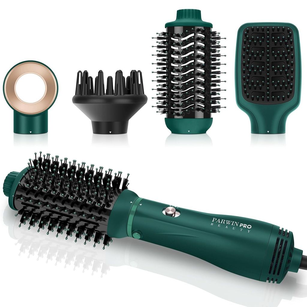 Styler-Set, Haartrockner Föhnbürste Lockenbürste mit 4 Aufsätze zum Trocknen, Glätten, Volumen und Stylen, Ionen Pflege (Grün)