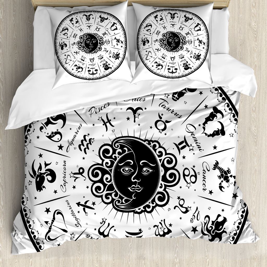 ABAKUHAUS Tierkreis Bettbezug, Schwarz Weiß Zodiac, Milbensicher Allergiker geeignet mit Kissenbezügen, 155 cm x 220 cm - 80 x 80 cm, Schwarz-Weiss
