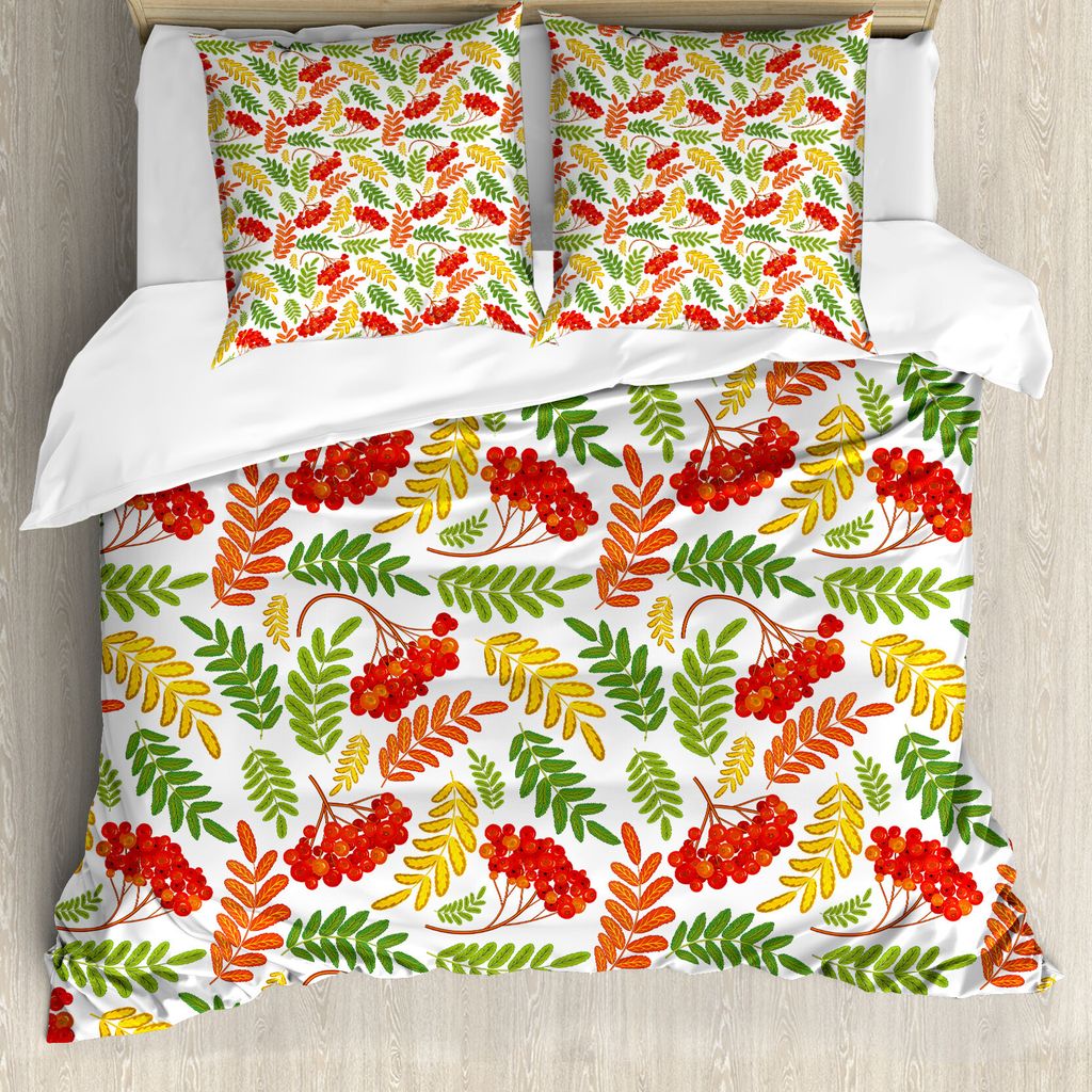 ABAKUHAUS Eberesche Bettbezug, Herbstliche Flora-Muster, Milbensicher Allergiker geeignet mit Kissenbezügen, 200 cm x 200 cm - 80 x 80 cm, Mehrfarbig