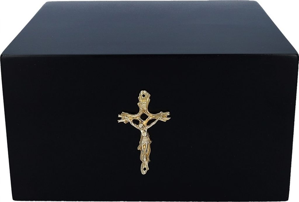 Schwarze Urne Für Asche. Holzkiste Mit Einem Kreuz