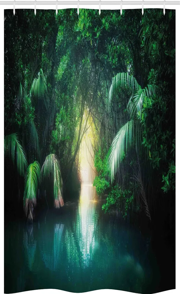 ABAKUHAUS Tenda da doccia stretta Urwald, Mangrove Regenwald See, set decorativo per bagno in tessuto con ganci, 120 x 180 cm, verde acqua