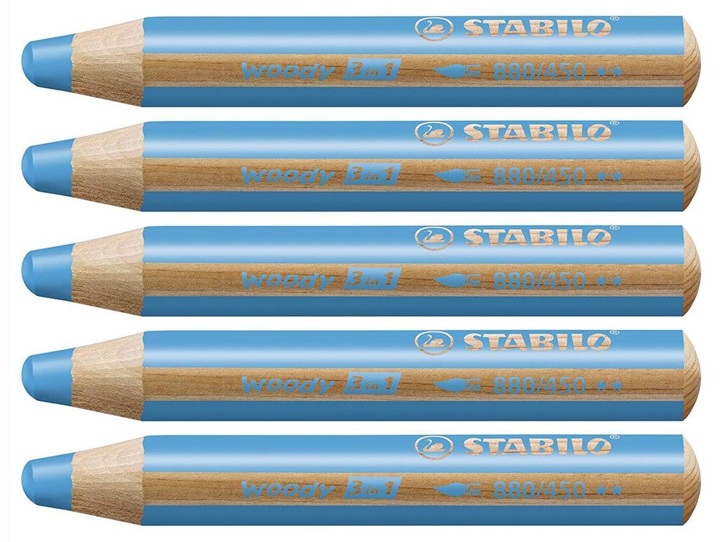 Buntstift, Wasserfarbe & Wachsmalkreide - STABILO woody 3 in 1 - 5er Pack - cyanblau