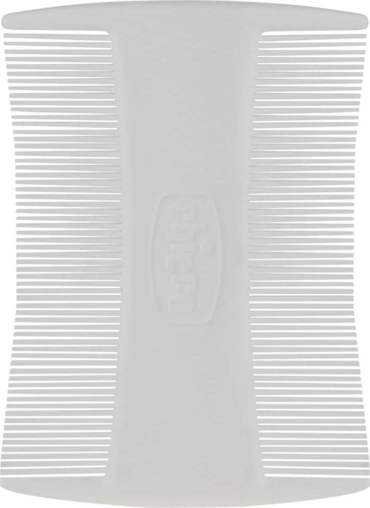 A white lice comb with fine teeth on both sides and a central handle with a logo.