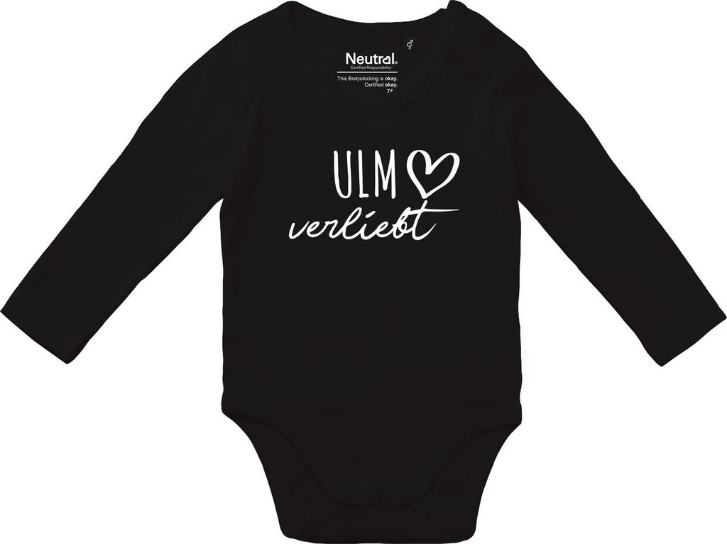 Huuraa Baby Body Ulm verliebt 68 Black Baumwolle Fairtrade Langarmbody Geschenkidee