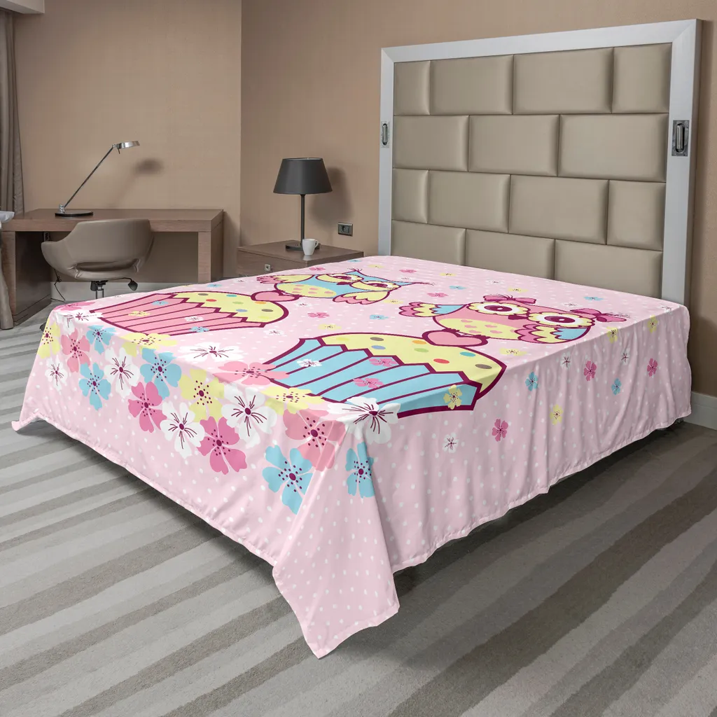 Drap de lit hiboux ABAKUHAUS 266x260 cm rose et bleu décoratif en coton