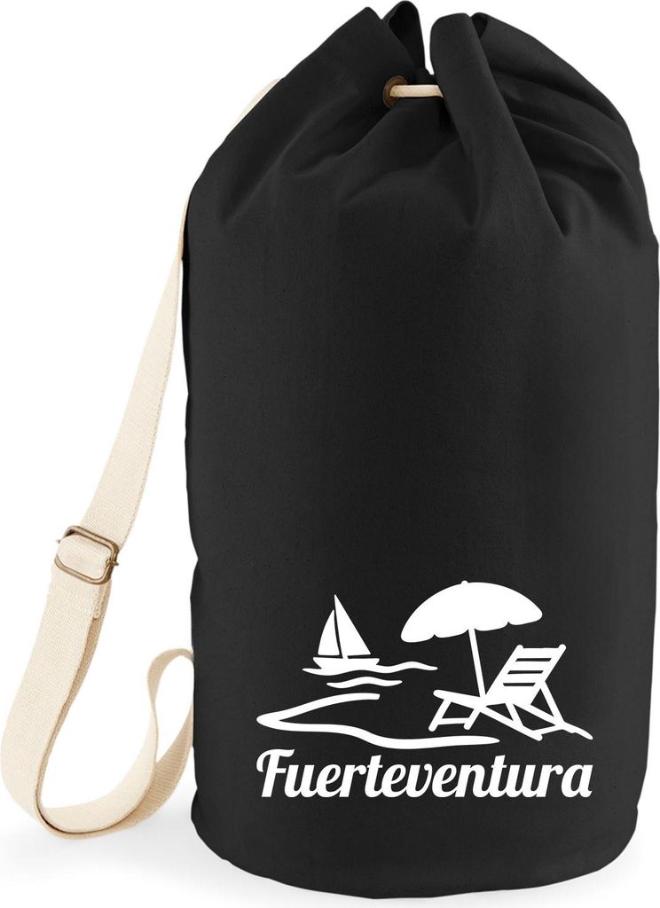 Huuraa Seesack Fuerteventura Inselmotiv Spanien 20 Liter Black Baumwolle Rucksack Geschenkidee