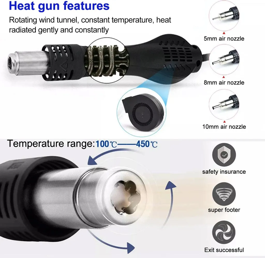Poste de soudage combiné air chaud réglable 200-500°C avec 3 buses EU - 12