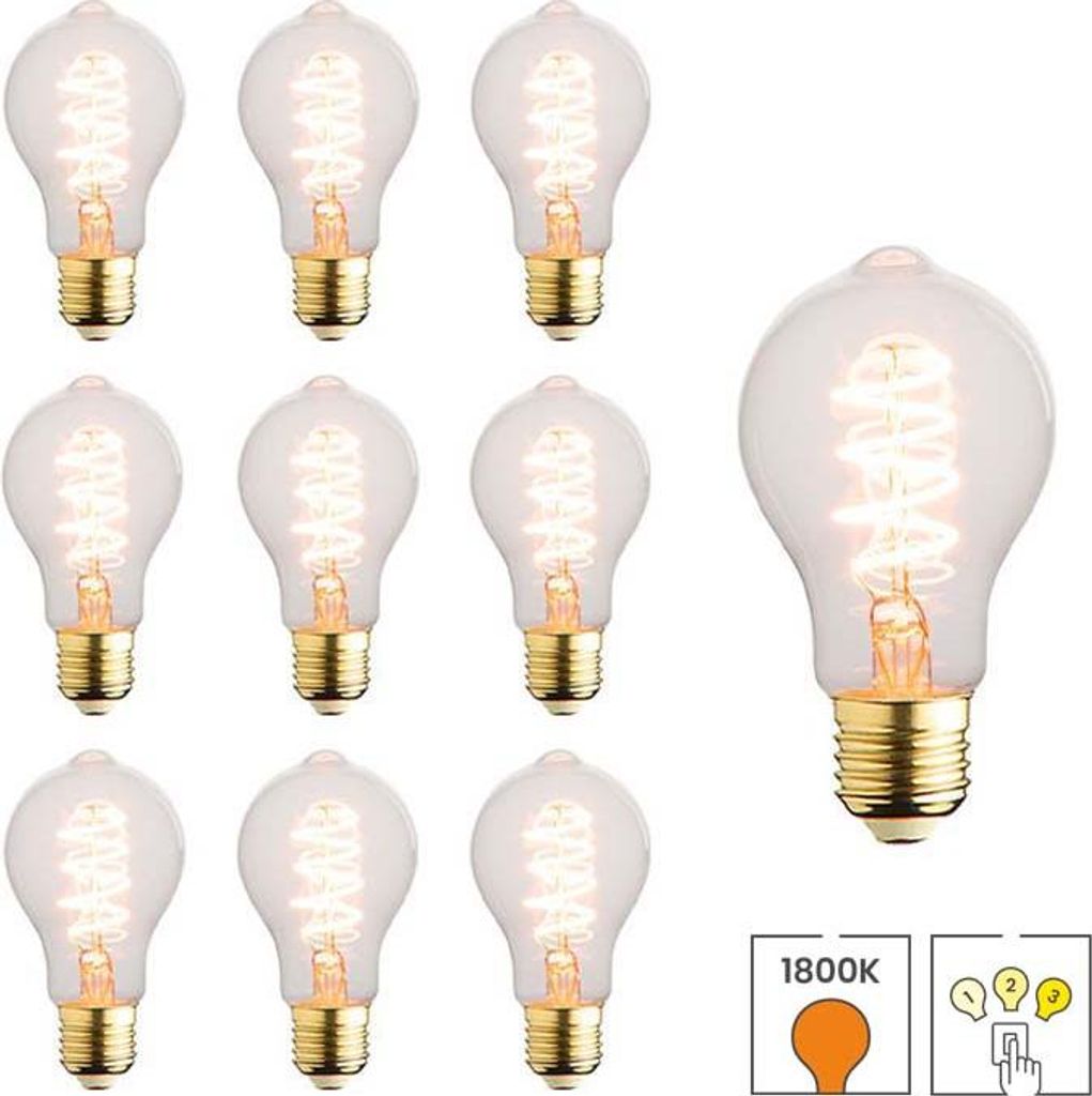 10er-Set LED-Lampen E27 | 3-stufig dimmbar | 5,5 Watt | 1800K extra warmweiß | A60 | Hell | Spiralförmige Glühwendel | Lybardo