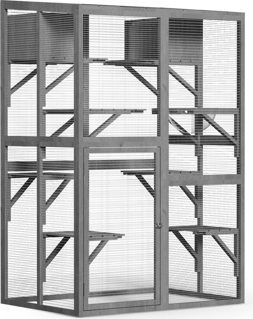 Wiltec Freilaufgehege Katzen 116 x 82 x 175,7 cm, Katzenfreigehege Holz mit PVC-Beschichtung, Außengehege 5 Ebenen, Katzengehege für Garten, Balkon