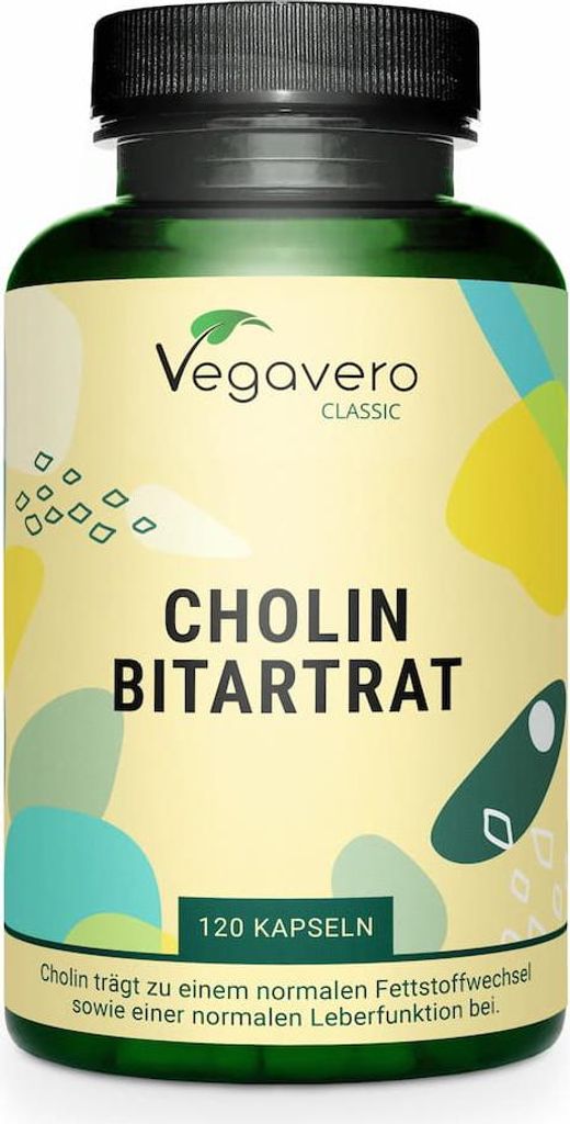 A bottle of Vegavero Cholin Bitartrat capsules against a colorful, abstract background.