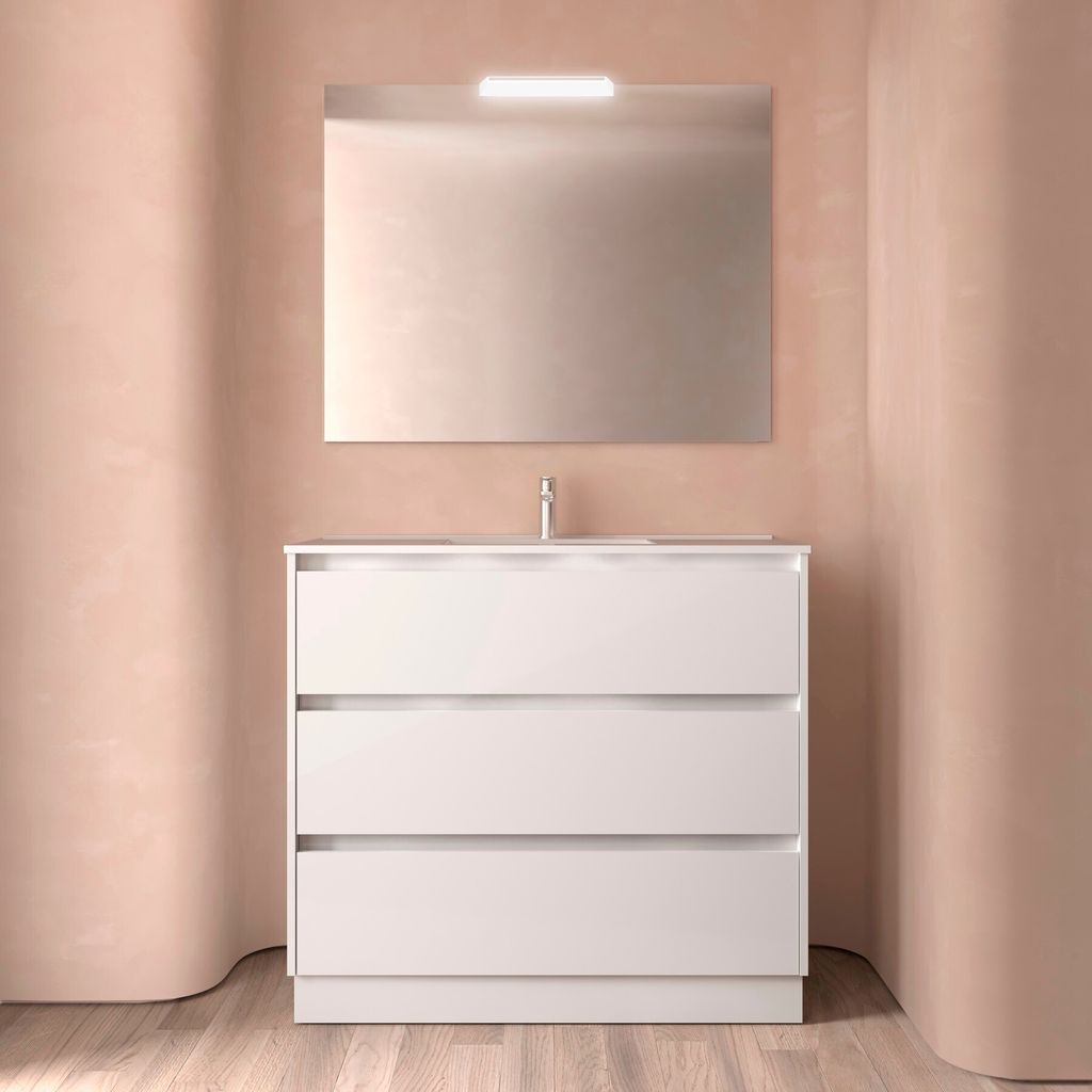 Noja Komplett-Set 1000 3 Schubladen WHITE GLOSS + Waschtisch + Spiegel + Leucht