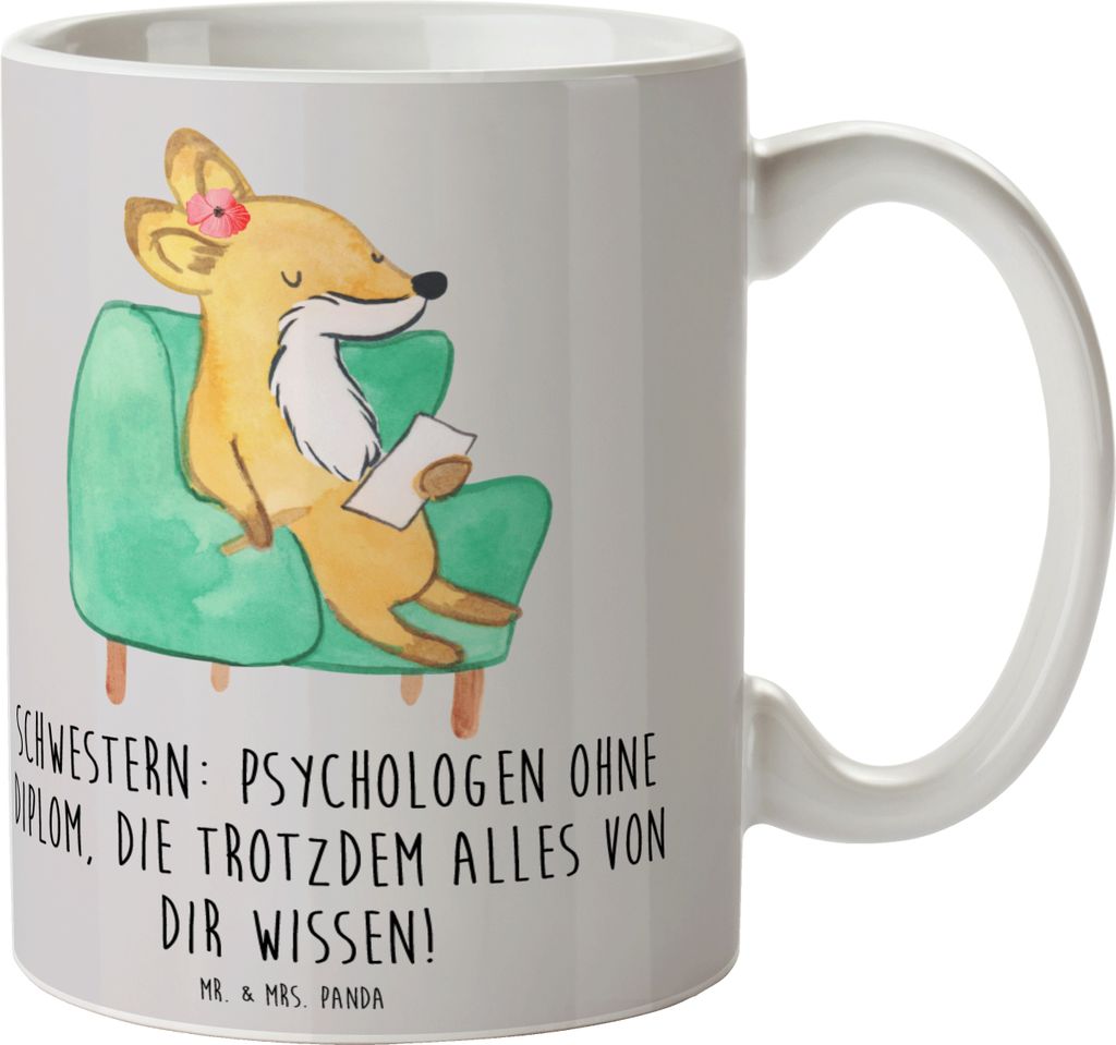 Mr. & Mrs. Panda Kaffeebecher Schwestern Psychologen - Grau Pastell - Geschenk, Geschenke, Kaffeetasse, schöne tasse, Familie, Schwester, Geschwis...