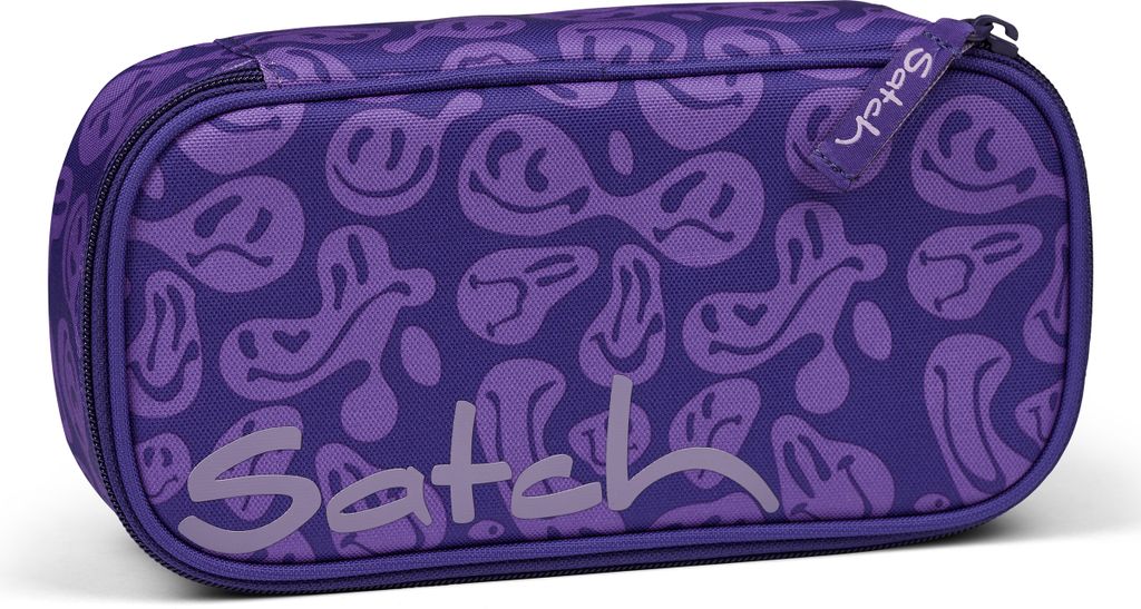 A purple pencil case with a smiley face pattern.