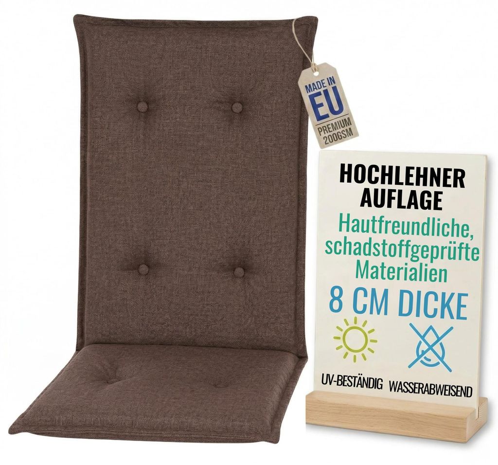 Pillows24 - Hochlehner Auflagen 120x50x8 cm | Gesteppte Wetterfeste Gartenstuhlauflagen | Polster Sitzkissen für Gartenmöbel | EU | Braun