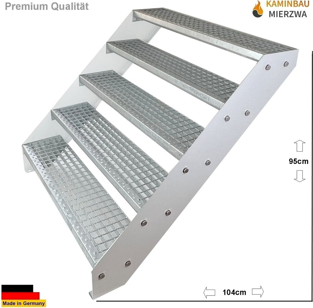 Gitterrost Stahl Wangentreppe 5 Stufen Verzinkt & Weiß Pulverlackierte Wangen - (L x B x H) 101cm x 100cm x 95cm