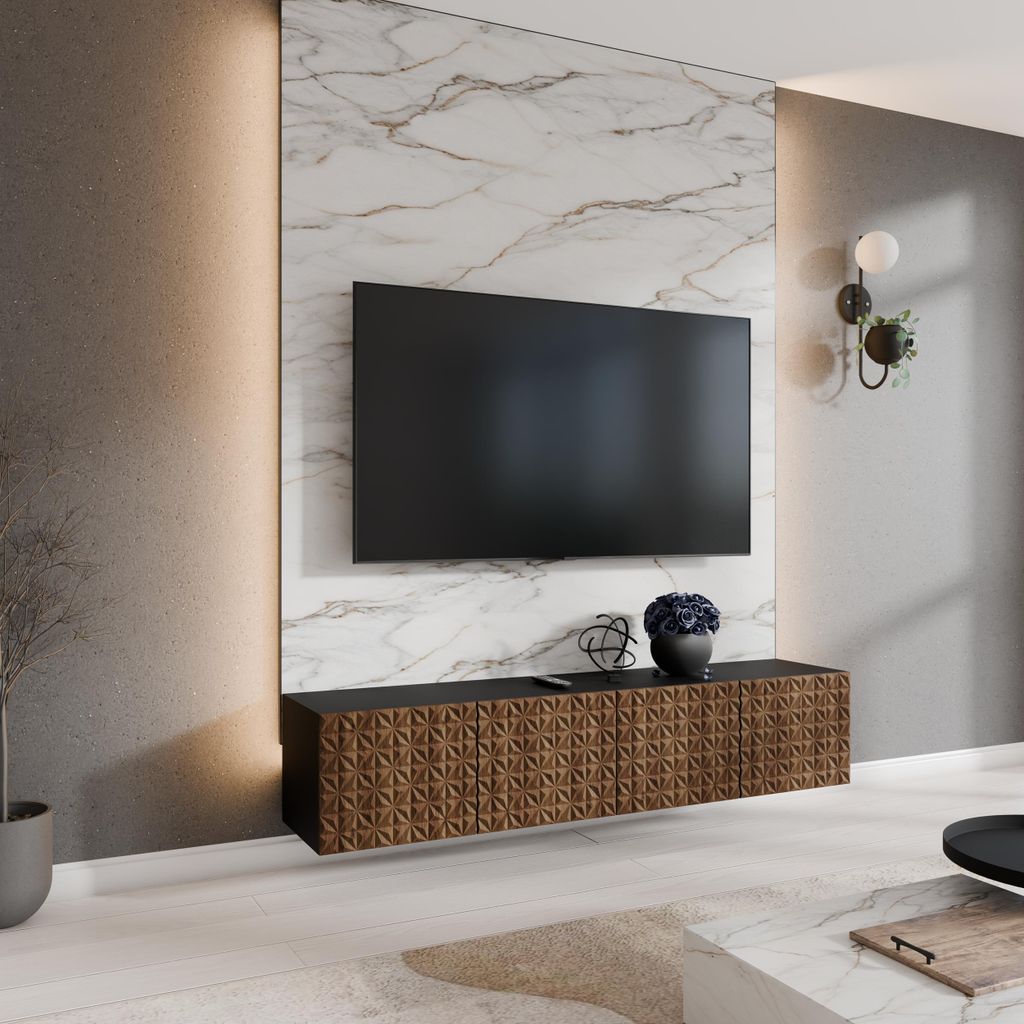 Moderner TV-Schrank 200 cm fürs Wohnzimmer CARO, 4-türiger TV-Schrank ohne Füße, Modischer Schrank mit Frontmuster mit geschlossenen Fächern, ...