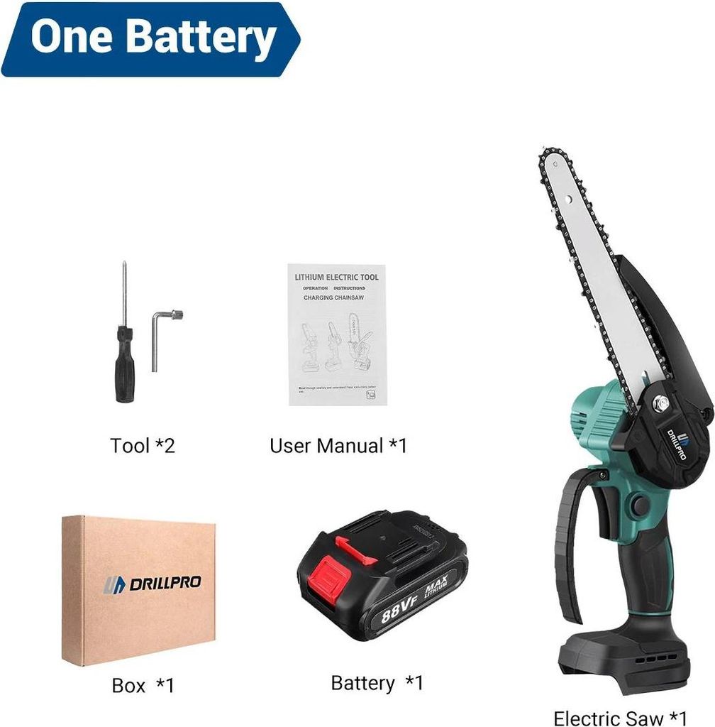 Mini Kettensäge - Akkubetrieben 18 V - Bürstenloser Motor - Schwert 15 cm - Leerlaufdrehzahl 10000 U/min - Akku inklusive (1 Stk) - Schnitttiefe ...