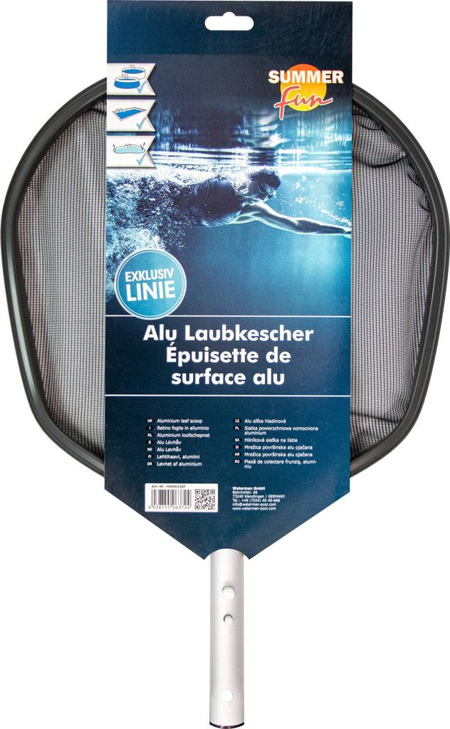 A pool skimmer net with its packaging, showing a person swimming underwater.