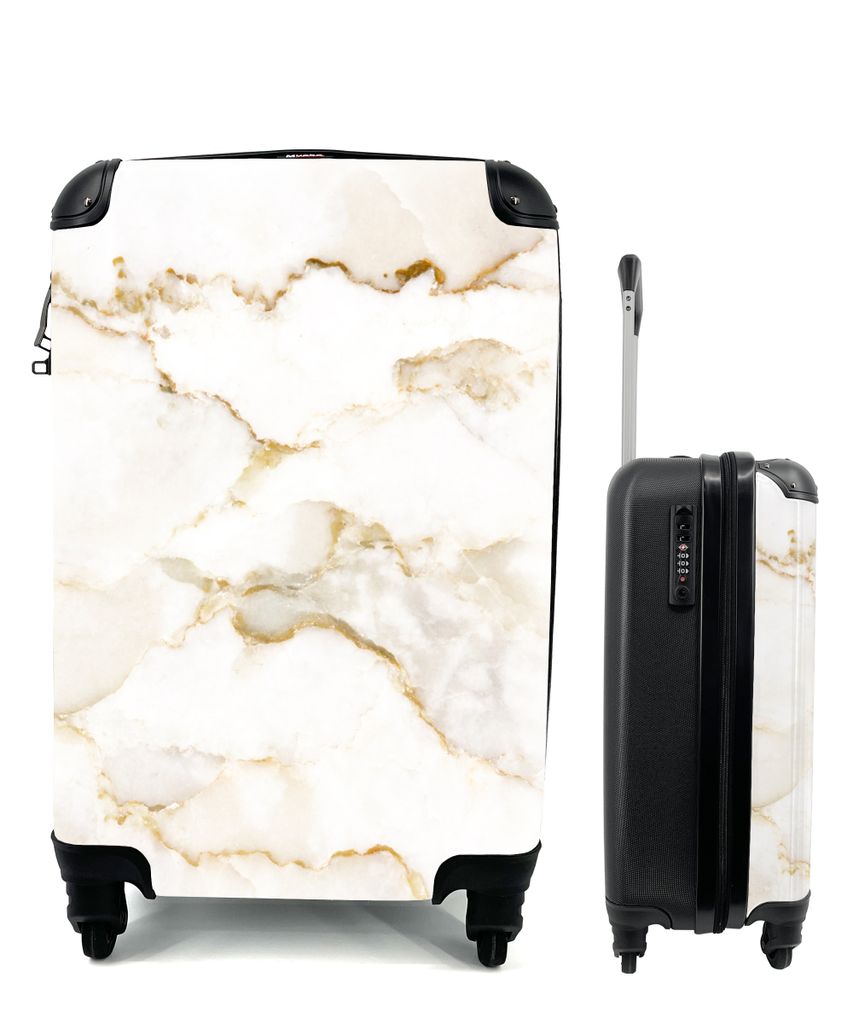 MuchoWow Koffer Handgepäck Trolley Rollkoffer Kleine Reisekoffer mit 4 Rollen - Marmor - Limette - Gold - Luxus - Marmoroptik - Weiß - Cabin Si...