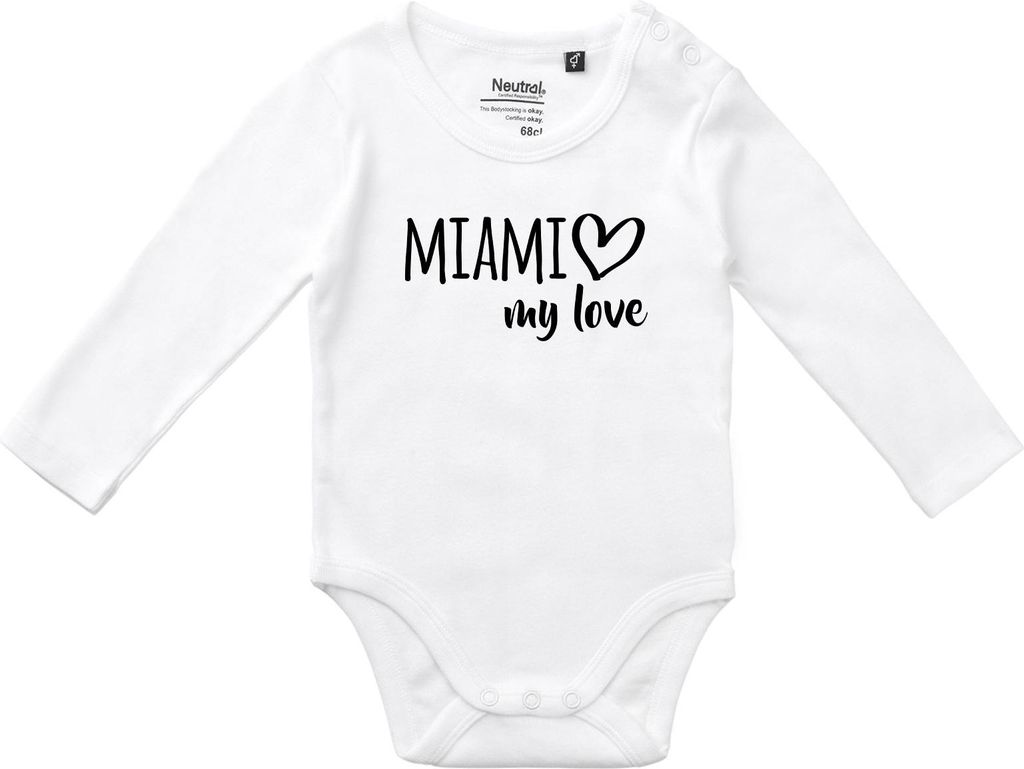 Huuraa Baby Body Miami my love 68 White Baumwolle Fairtrade Langarmbody Geschenkidee