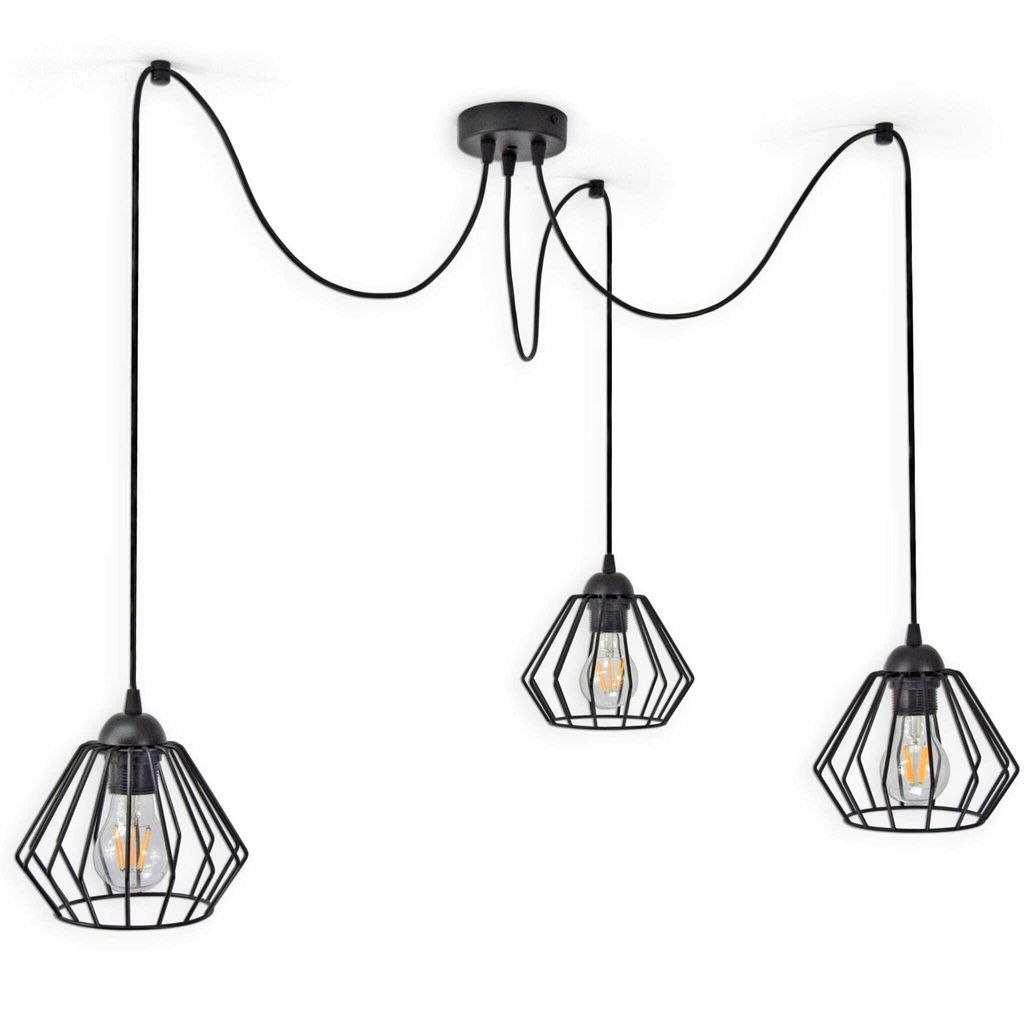 A black, three-light pendant lamp with wire cage shades hangs from a black ceiling mount.