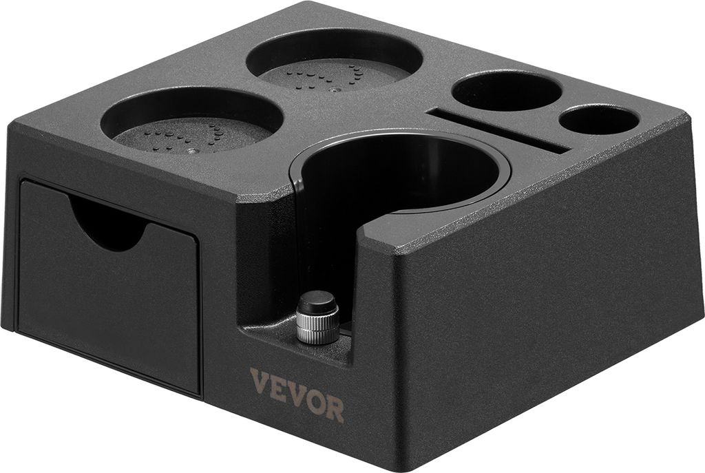 A black multi-functional espresso tamper station with various compartments and a small drawer.