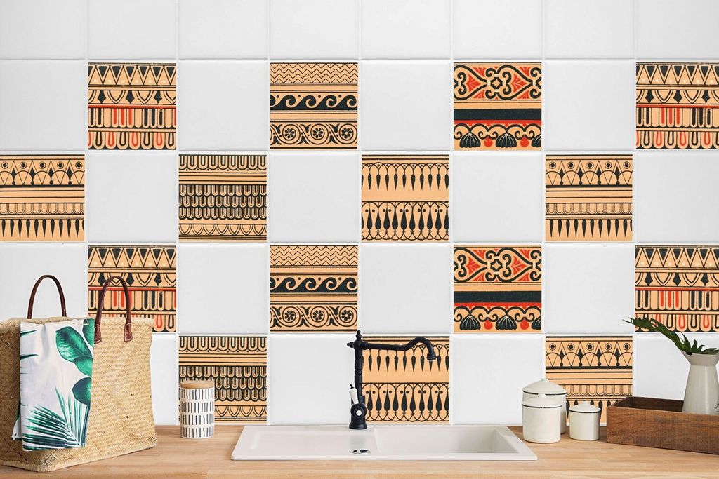 24 Stück Laminierter Aufkleber Für Bad Küche Fliesensticker Bodenfliesen Beige Ornamente 15 x 15 cm