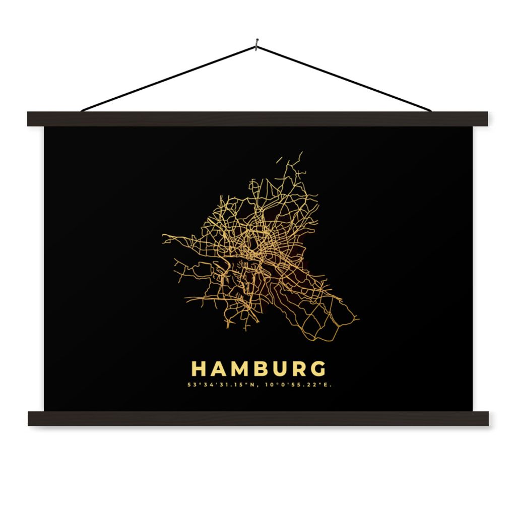 MuchoWow Textilposter Hamburg - Karte - Gold - Stadtplan 60x40 cm mit schwarzem Rahmen - Hölzernes