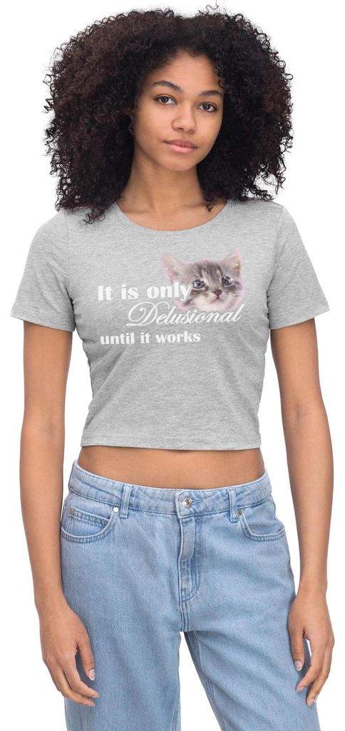 Spreadshirt Delulu Delusional Kitty Print Motivation Crop Top, M, Grau meliert