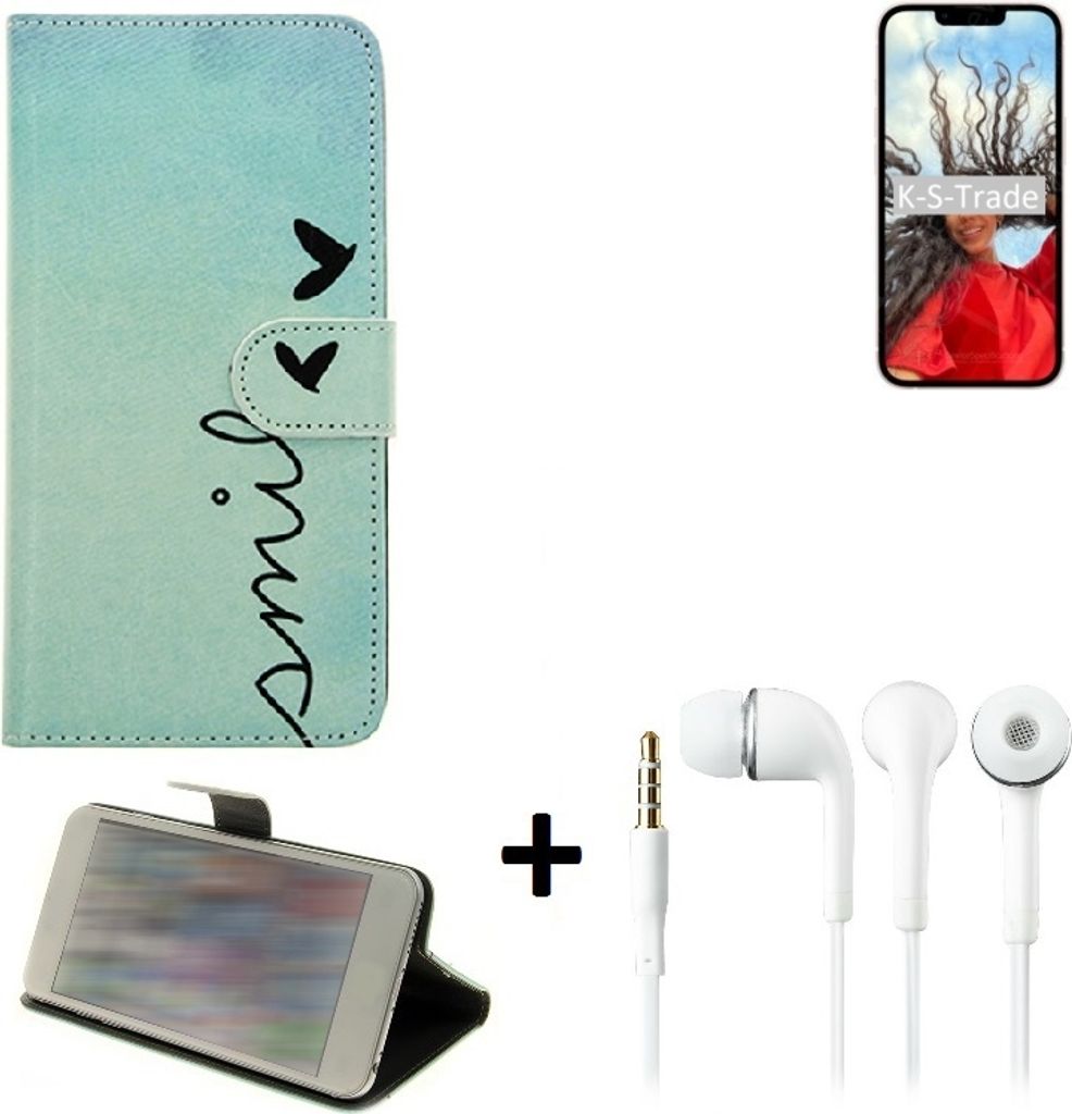 K-S-Trade Schutz Hülle Handy Hülle kompatibel mit Apple iPhone 13 360° Wallet Case Schutz Hülle ''smile'' inkl. Ohrstöpsel Smartphone cover