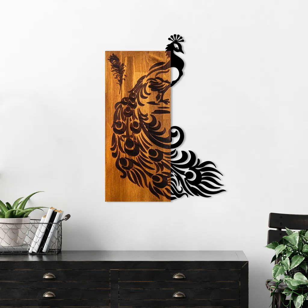 Wallity, Pavone, accessorio decorativo da parete in legno, noce, 100 % LEGNO / METALLO, 47 x 3 x 65 cm - 2