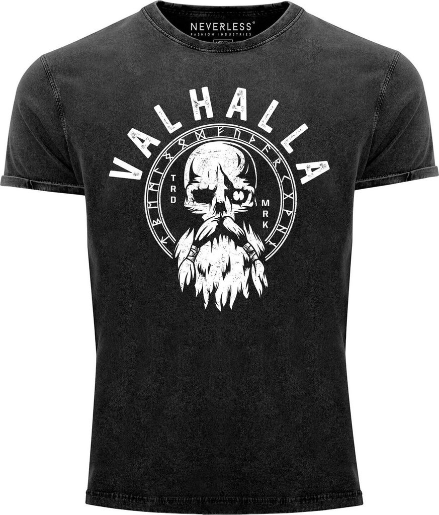 Herren Vintage Shirt Valhalla Totenkopf Odin Runen Wikinger Printshirt T-Shirt Aufdruck Used Look Neverless schwarz XL