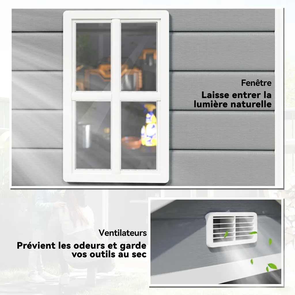 Abri de Jardin avec Fenêtre et Grille d'Aération en Résine Grise 2,1m² - 9