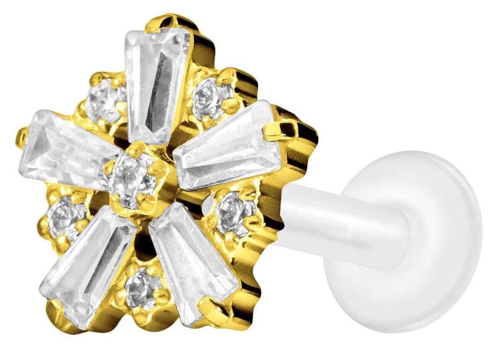 Ohrpiercing, Nasenpiercing PTFE Labret mit Innengewinde + Titan-Aufsatz SCHNEEFLOCKE Gold Stablänge: 10mm | Stabstärke: 1,6mm