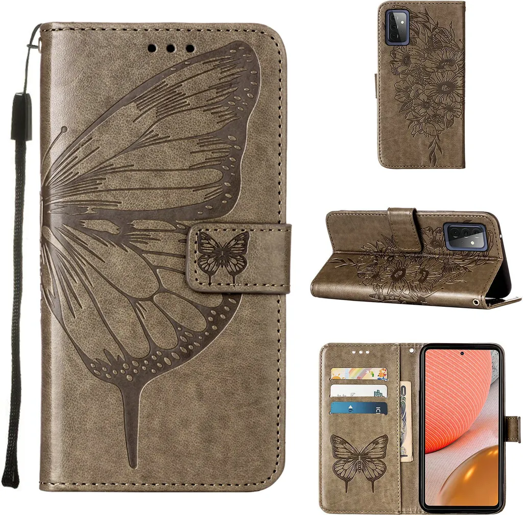 Custodia Elegante Samsung Galaxy A72 Farfalla Grigio a Libro