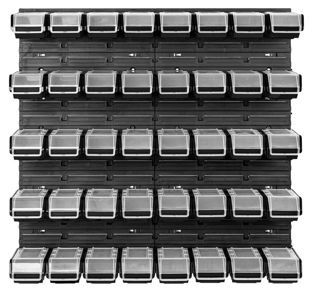 Stapelbox Wandregal - 772 x 780 mm - Lagersystem mit 40 Boxen und Deckel - Lagerregal Sichtlagerkästen Schüttenregal, Schwarz