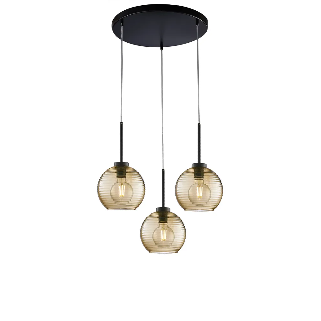Suspension Ankara en fer noir et verre soufflé ambré à 3 lumières d.47 cm
