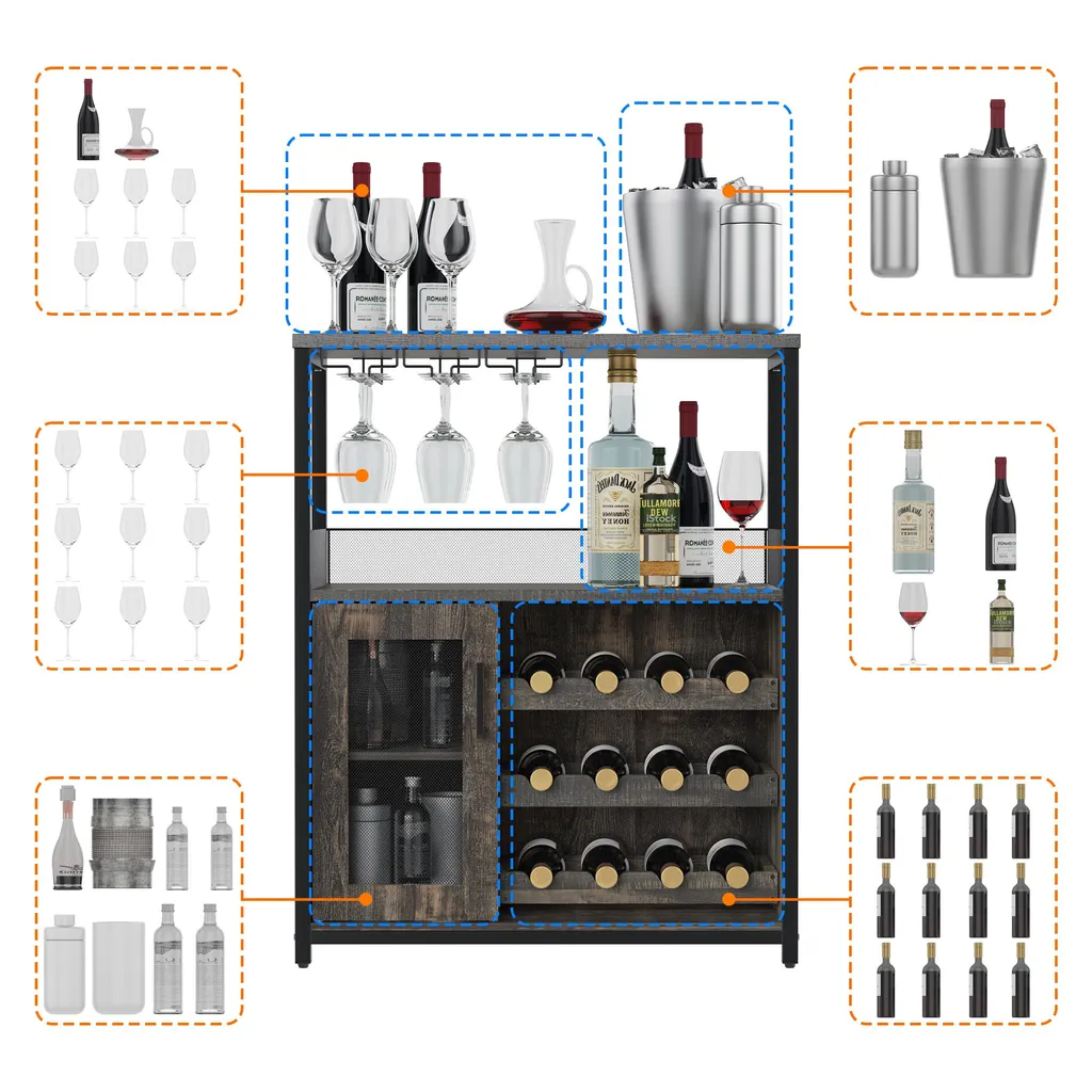 Meuble de bar design gris pour salon avec rangement vin et verres à pied