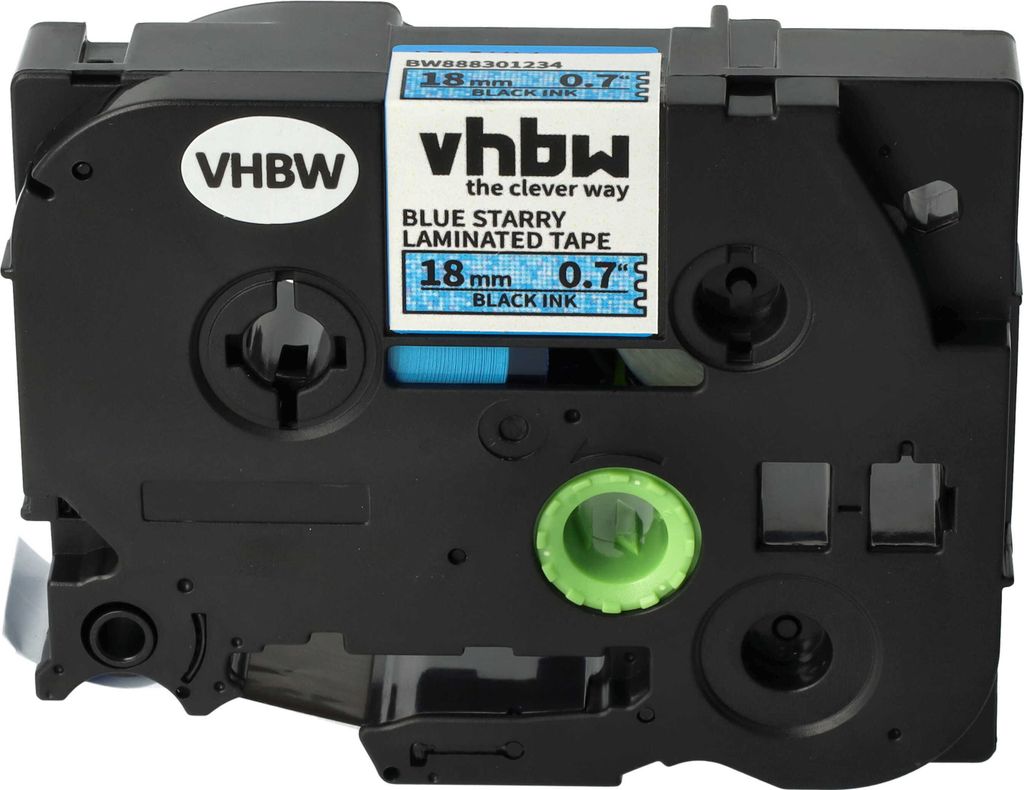 vhbw Schriftband-Kassette kompatibel mit Brother PT 540 C, 550, 540, 3600, 350 Etiketten-Drucker 8m x 18mm Schwarz auf Blau (Glitter), Laminiert