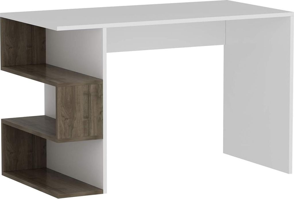 Homidea Warren Schreibtisch - Computertisch - Bürotisch mit Regal Element (Weiß/Nussbaum)
