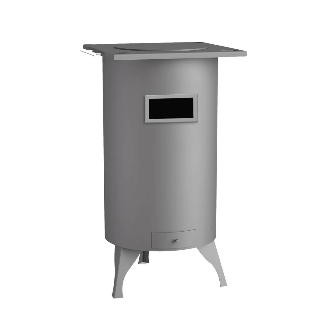 Poêle à bois design rond en acier noir avec évacuation arrière invisible