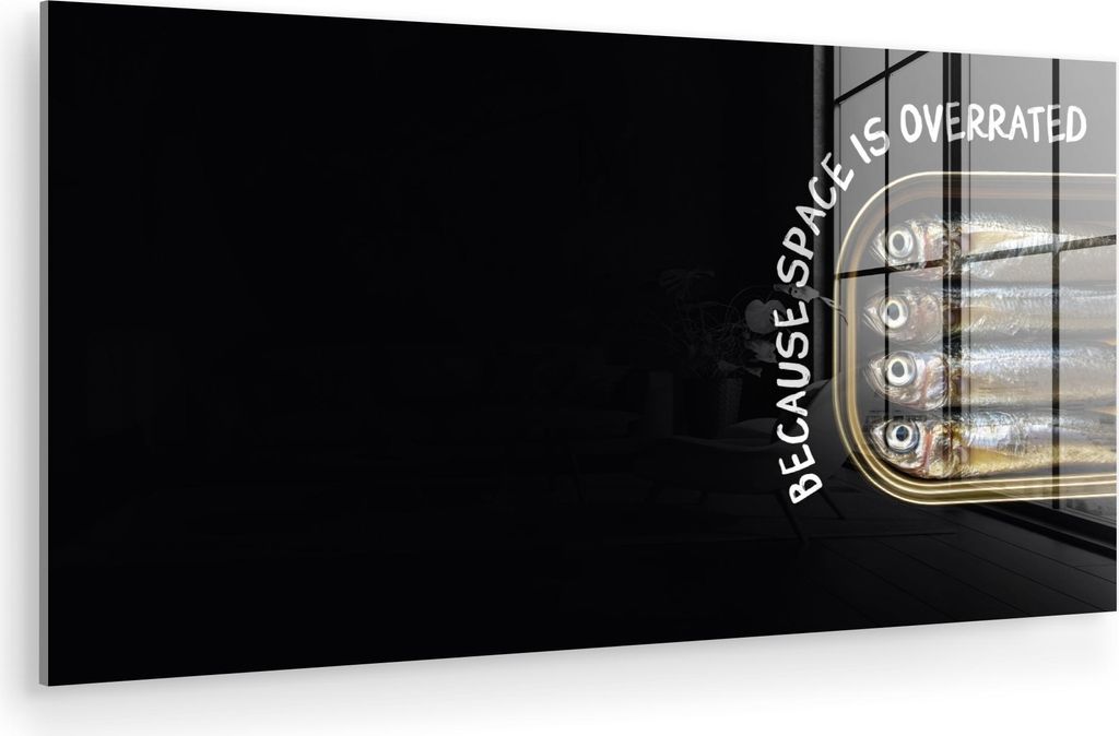 MuchoWow Glasbilder - Bilder auf Wandbild - Foto auf Glas Sardinen - Text - Fisch - Konserven 40x20 cm Wanddekoration aus Glas - Acrylglasbild - Ac...