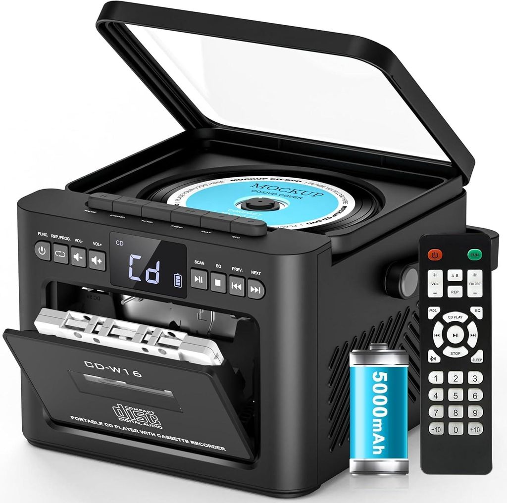 CD Player, Tragbar CD-Player, 5W Bluetooth Lautsprecher, Kassettenspieler mit UKW Radio, 5000mAh wiederaufladbare Akku, Fernbedienung, AUX/USB/SD